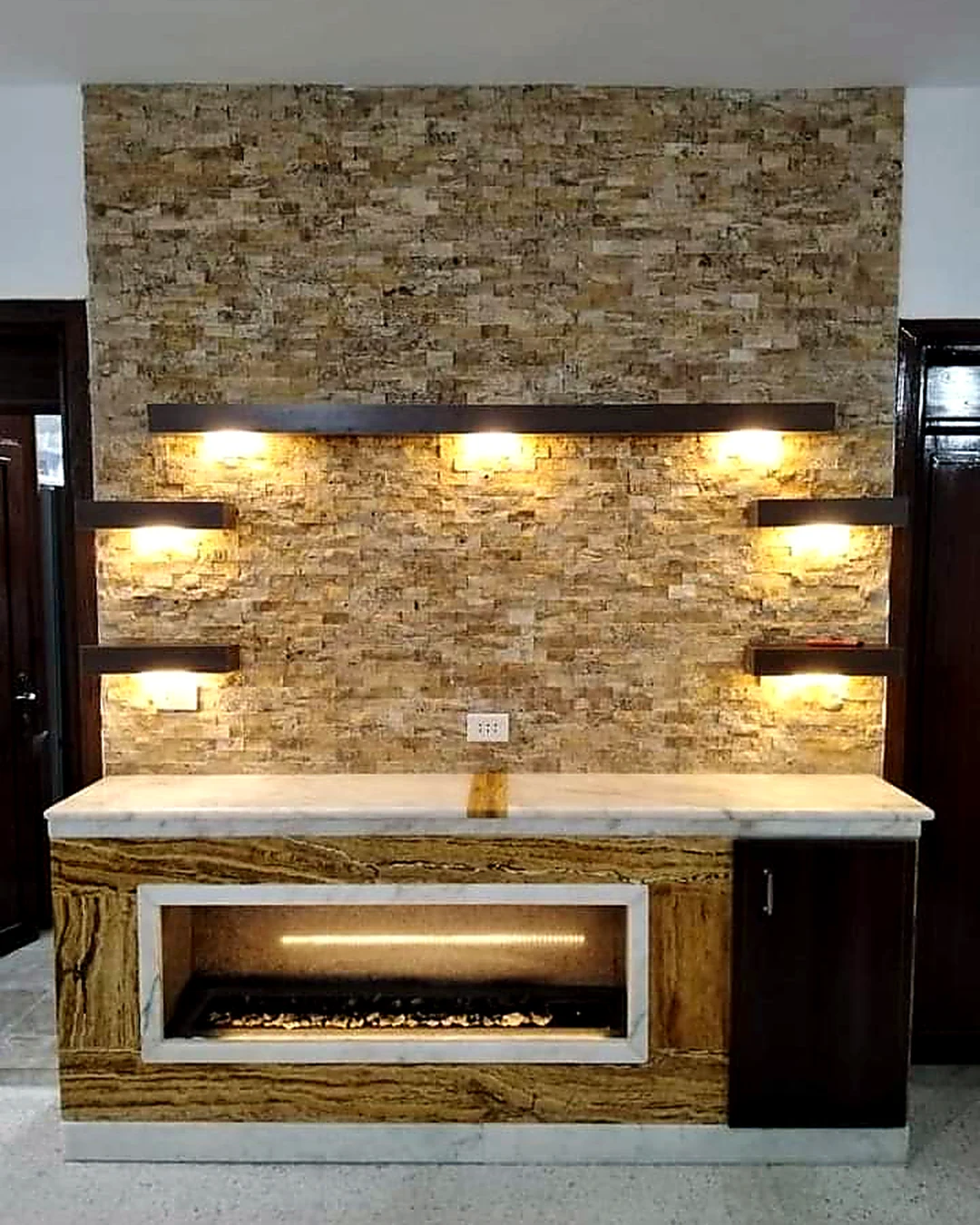 Stone fireplace wall